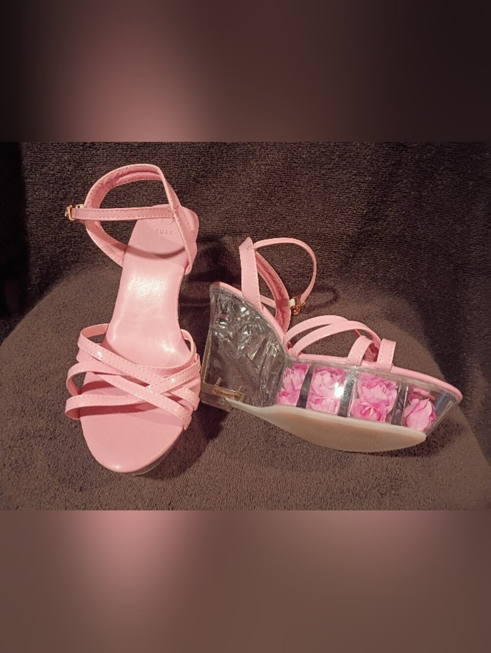 1101 Pink Floral Lucite Platform, Wedge Heels.